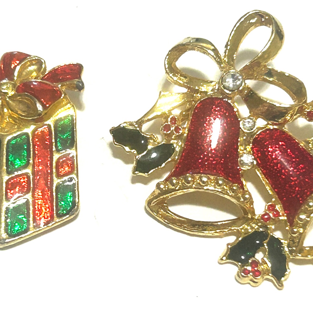 Signed Aai Christmas Gift Present & Unsigned Bells Enamel Gold Tone Pin Brooch